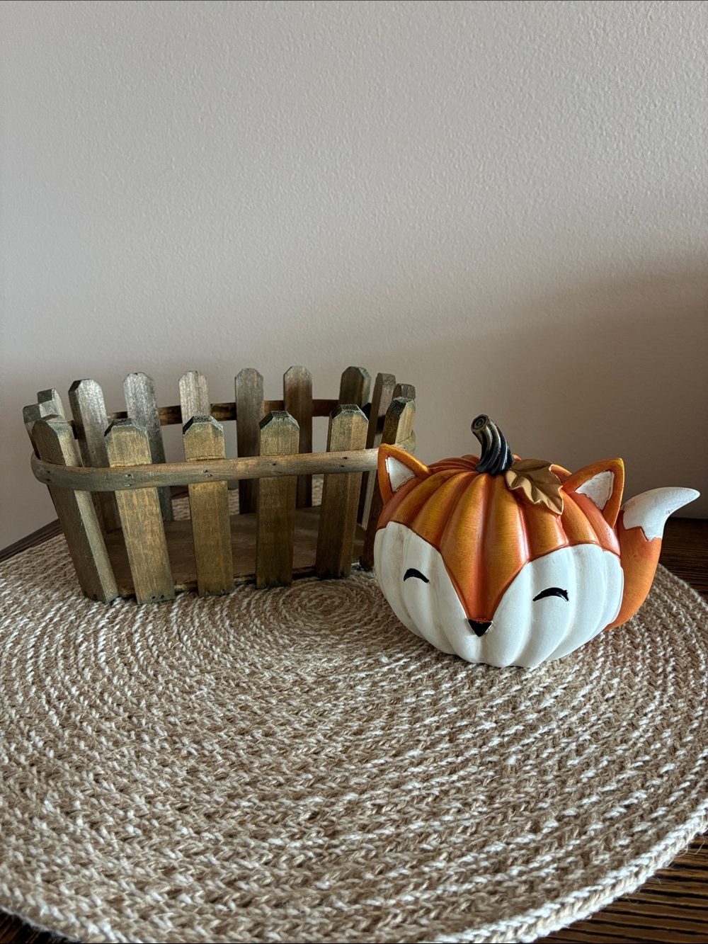 Autumn Fox Pumpkin with Wood Picket Fence Basket NWT!